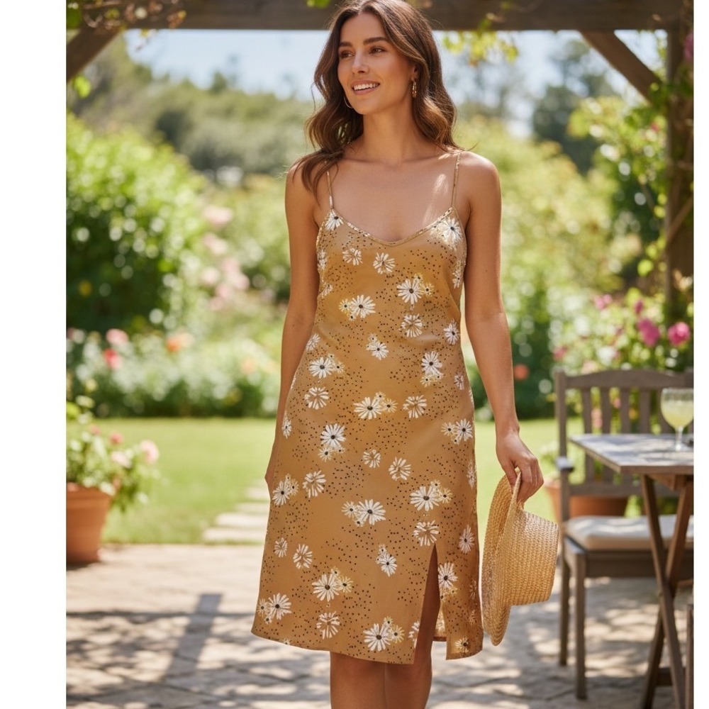 Princess Polly Mustard Yellow Daisy Floral Mini Slip Dress Coquette Retro Y2K 90